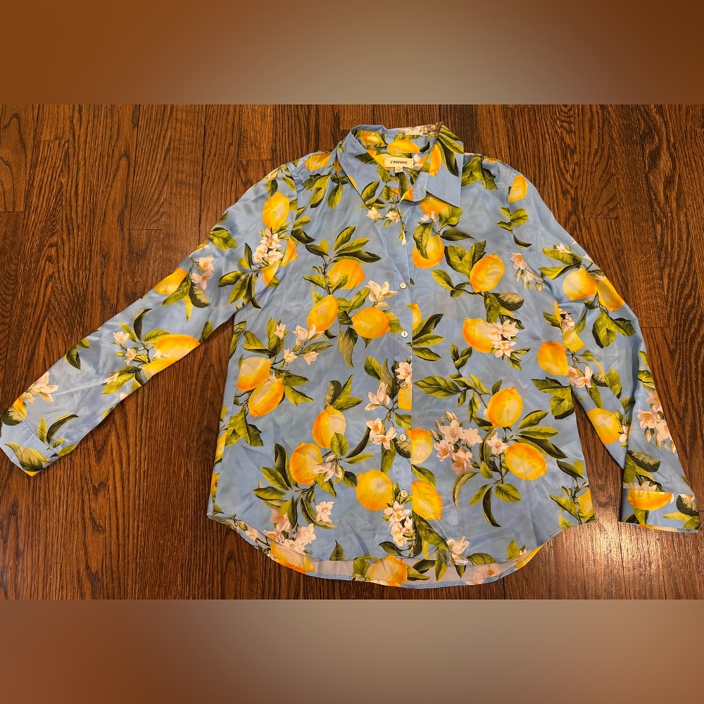 L'AGENCE Sky Blue Lemon Print Button-Up Shirt